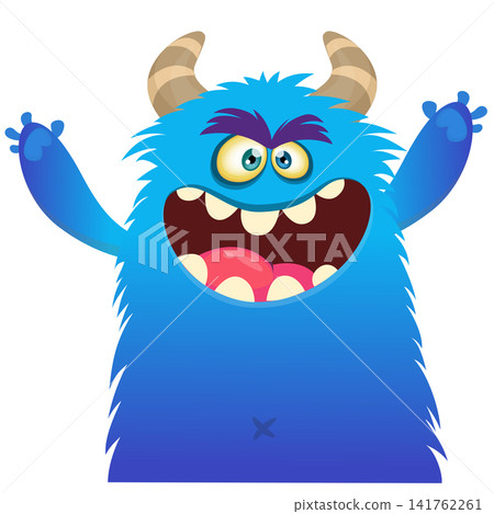 Cartoon cute and funny monster with scary face expression waving hands. Vector illustration isolated on white. For Halloween party decoration or package design Cartoon cute and funny monster with scary face expression waving hands. Vector illustration isolated on white. For Halloween party decoration or package design 141762261