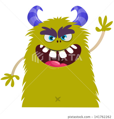 Cartoon cute and funny monster with scary face expression waving hands. Vector illustration isolated on white. For Halloween party decoration or package design Cartoon cute and funny monster with scary face expression waving hands. Vector illustration isolated on white. For Halloween party decoration or package design 141762262