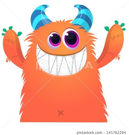 Cartoon cute and funny monster with scary face expression waving hands. Vector illustration isolated on white. For Halloween party decoration or package design Cartoon cute and funny monster with scary face expression waving hands. Vector illustration isolated on white. For Halloween party decoration or package design 141762264