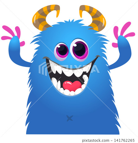 Cartoon cute and funny monster with scary face expression waving hands. Vector illustration isolated on white. For Halloween party decoration or package design 141762265