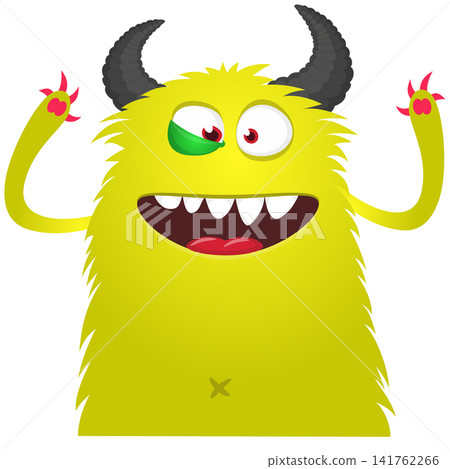 Cartoon cute and funny monster with scary face expression waving hands. Vector illustration isolated on white. For Halloween party decoration or package design Cartoon cute and funny monster with scary face expression waving hands. Vector illustration isolated on white. For Halloween party decoration or package design 141762266