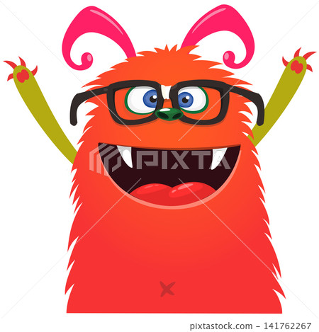 Cartoon cute and funny monster with scary face expression waving hands. Vector illustration isolated on white. For Halloween party decoration or package design Cartoon cute and funny monster with scary face expression waving hands. Vector illustration isolated on white. For Halloween party decoration or package design 141762267