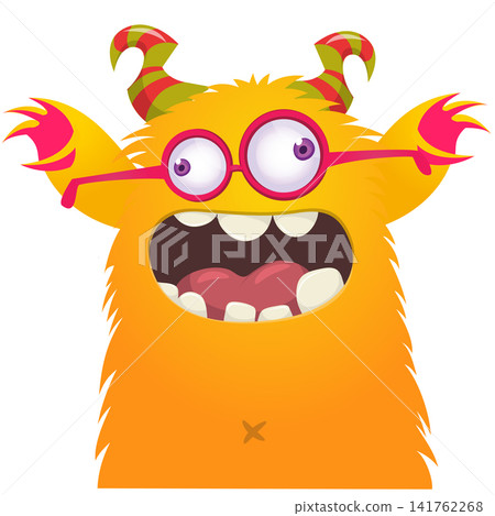 Cartoon cute and funny monster with scary face expression waving hands. Vector illustration isolated on white. For Halloween party decoration or package design Cartoon cute and funny monster with scary face expression waving hands. Vector illustration isolated on white. For Halloween party decoration or package design 141762268