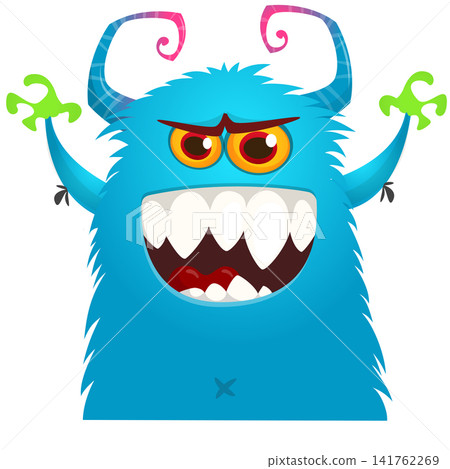 Cartoon cute and funny monster with scary face expression waving hands. Vector illustration isolated on white. For Halloween party decoration or package design 141762269