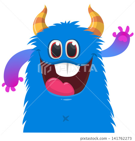 Cartoon cute and funny monster with scary face expression waving hands. Vector illustration isolated on white. For Halloween party decoration or package design Cartoon cute and funny monster with scary face expression waving hands. Vector illustration isolated on white. For Halloween party decoration or package design 141762273
