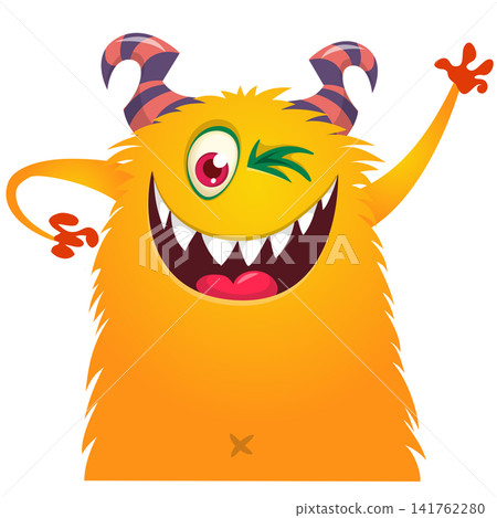 Cartoon cute and funny monster with scary face expression waving hands. Vector illustration isolated on white. For Halloween party decoration or package design Cartoon cute and funny monster with scary face expression waving hands. Vector illustration isolated on white. For Halloween party decoration or package design 141762280