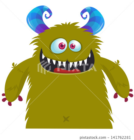 Cartoon cute and funny monster with scary face expression waving hands. Vector illustration isolated on white. For Halloween party decoration or package design Cartoon cute and funny monster with scary face expression waving hands. Vector illustration isolated on white. For Halloween party decoration or package design 141762281