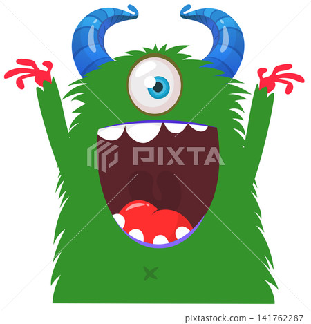 Cartoon cute and funny monster with scary face expression waving hands. Vector illustration isolated on white. For Halloween party decoration or package design 141762287