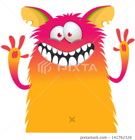 Cartoon cute and funny monster with scary face expression waving hands. Vector illustration isolated on white. For Halloween party decoration or package design Cartoon cute and funny monster with scary face expression waving hands. Vector illustration isolated on white. For Halloween party decoration or package design 141762326