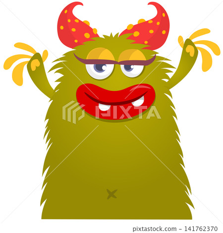 Cartoon cute and funny monster with scary face expression waving hands. Vector illustration isolated on white. For Halloween party decoration or package design Cartoon cute and funny monster with scary face expression waving hands. Vector illustration isolated on white. For Halloween party decoration or package design 141762370