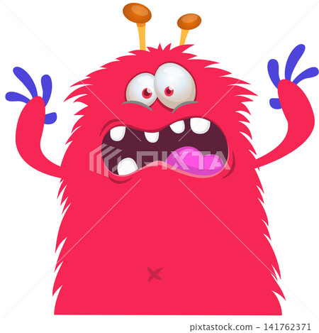 Cartoon cute and funny monster with scary face expression waving hands. Vector illustration isolated on white. For Halloween party decoration or package design Cartoon cute and funny monster with scary face expression waving hands. Vector illustration isolated on white. For Halloween party decoration or package design 141762371