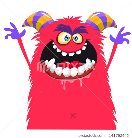 Cartoon cute and funny monster with scary face expression waving hands . Vector illustration isolated on white. For Halloween party decoration or package design Cartoon cute and funny monster with scary face expression waving hands . Vector illustration isolated on white. For Halloween party decoration or package design 141762445