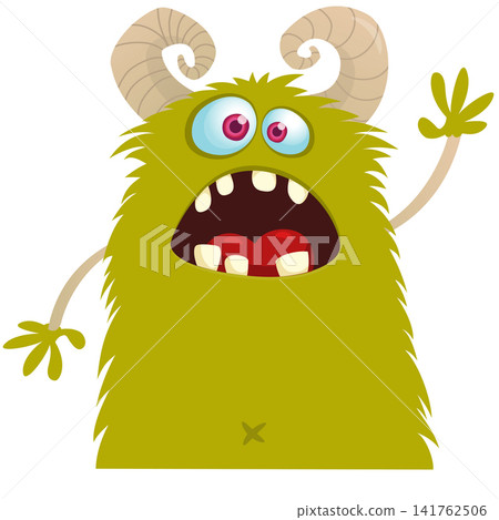 Cartoon cute and funny monster with scary face expression waving hands . Vector illustration isolated on white. For Halloween party decoration or package design Cartoon cute and funny monster with scary face expression waving hands . Vector illustration isolated on white. For Halloween party decoration or package design 141762506