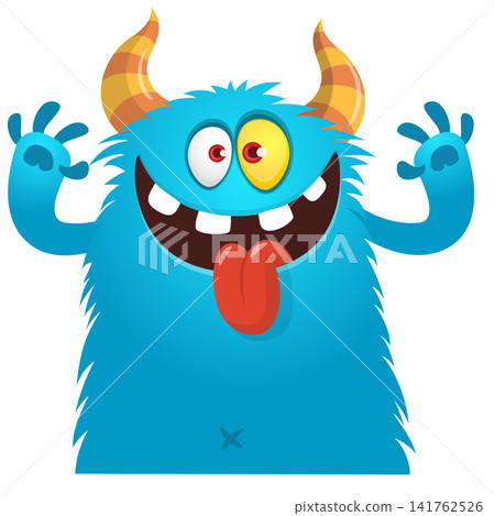 Cartoon cute and funny monster with scary face expression waving hands . Vector illustration isolated on white. For Halloween party decoration or package design Cartoon cute and funny monster with scary face expression waving hands . Vector illustration isolated on white. For Halloween party decoration or package design 141762526