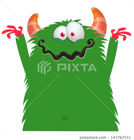 Cartoon cute and funny monster with scary face expression waving hands . Vector illustration isolated on white. For Halloween party decoration or package design Cartoon cute and funny monster with scary face expression waving hands . Vector illustration isolated on white. For Halloween party decoration or package design 141762531