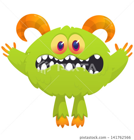 Cartoon cute and funny monster with scary face expression waving hands. Vector illustration isolated on white. For Halloween party decoration or package design Cartoon cute and funny monster with scary face expression waving hands. Vector illustration isolated on white. For Halloween party decoration or package design 141762566