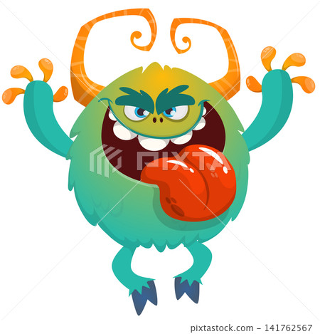 Cartoon cute and funny monster with scary face expression waving hands. Vector illustration isolated on white. For Halloween party decoration or package design Cartoon cute and funny monster with scary face expression waving hands. Vector illustration isolated on white. For Halloween party decoration or package design 141762567