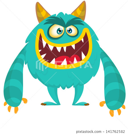 Cartoon cute and funny monster with scary face expression waving hands. Vector illustration isolated on white. For Halloween party decoration or package design Cartoon cute and funny monster with scary face expression waving hands. Vector illustration isolated on white. For Halloween party decoration or package design 141762582