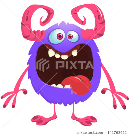 Cartoon cute and funny monster with scary face expression waving hands. Vector illustration isolated on white. For Halloween party decoration or package design Cartoon cute and funny monster with scary face expression waving hands. Vector illustration isolated on white. For Halloween party decoration or package design 141762611
