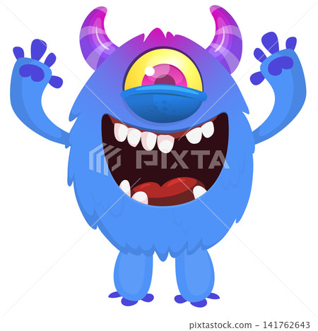 Cartoon cute and funny monster with scary face expression waving hands. Vector illustration isolated on white. For Halloween party decoration or package design Cartoon cute and funny monster with scary face expression waving hands. Vector illustration isolated on white. For Halloween party decoration or package design 141762643