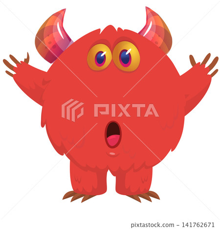 Cartoon cute and funny monster creature character design with scary horns and face expression waving hands . Vector illustration. For Halloween party decoration design 141762671