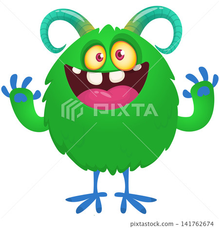 Cartoon cute and funny monster creature character design with scary horns and face expression waving hands . Vector illustration. For Halloween party decoration design Cartoon cute and funny monster creature character design with scary horns and face expression waving hands . Vector illustration. For Halloween party decoration design 141762674