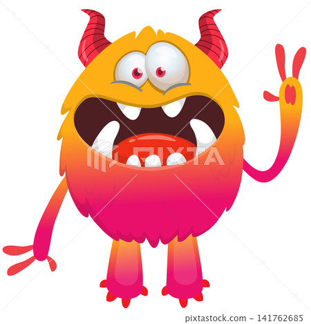 Cartoon cute and funny monster creature character design with scary horns and face expression waving hands . Vector illustration. For Halloween party decoration design Cartoon cute and funny monster creature character design with scary horns and face expression waving hands . Vector illustration. For Halloween party decoration design 141762685