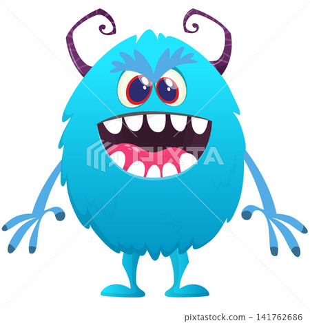 Cartoon cute and funny monster creature character design with scary horns and face expression waving hands . Vector illustration. For Halloween party decoration design 141762686
