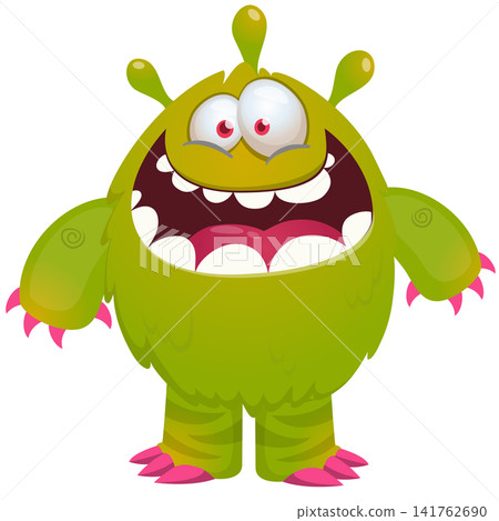 Cartoon cute and funny monster creature character design with scary horns and face expression waving hands . Vector illustration. For Halloween party decoration design Cartoon cute and funny monster creature character design with scary horns and face expression waving hands . Vector illustration. For Halloween party decoration design 141762690