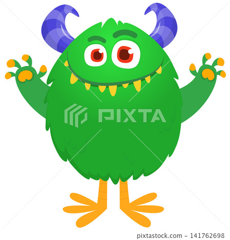 Cartoon cute and funny monster creature character design with scary horns and face expression waving hands . Vector illustration. For Halloween party decoration design Cartoon cute and funny monster creature character design with scary horns and face expression waving hands . Vector illustration. For Halloween party decoration design 141762698