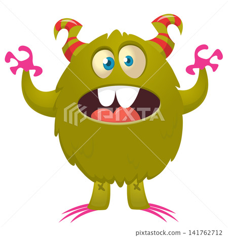 Cartoon cute and funny monster creature character design with scary horns and face expression waving hands . Vector illustration. For Halloween party decoration design Cartoon cute and funny monster creature character design with scary horns and face expression waving hands . Vector illustration. For Halloween party decoration design 141762712