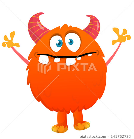 Cartoon cute and funny monster creature character design with scary horns and face expression waving hands . Vector illustration. For Halloween party decoration design 141762723