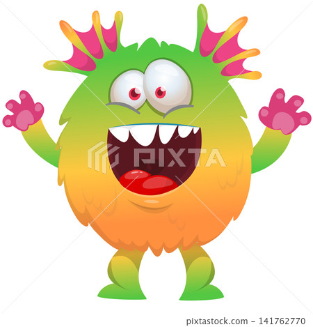 Cartoon cute and funny monster creature character design with scary horns and face expression waving hands . Vector illustration. For Halloween party decoration or package design Cartoon cute and funny monster creature character design with scary horns and face expression waving hands . Vector illustration. For Halloween party decoration or package design 141762770