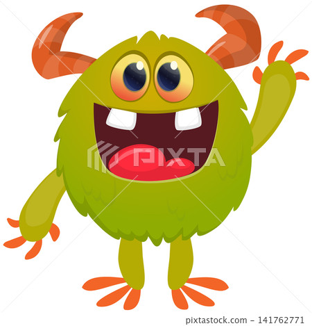 Cartoon cute and funny monster creature character design with scary horns and face expression waving hands . Vector illustration. For Halloween party decoration or package design Cartoon cute and funny monster creature character design with scary horns and face expression waving hands . Vector illustration. For Halloween party decoration or package design 141762771