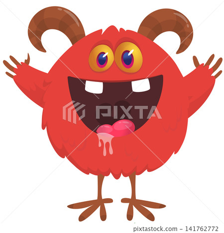 Cartoon cute and funny monster creature character design with scary horns and face expression waving hands . Vector illustration. For Halloween party decoration or package design Cartoon cute and funny monster creature character design with scary horns and face expression waving hands . Vector illustration. For Halloween party decoration or package design 141762772