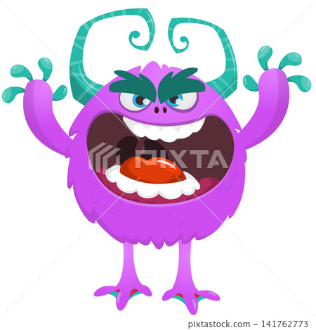Cartoon cute and funny monster creature character design with scary horns and face expression waving hands . Vector illustration. For Halloween party decoration or package design Cartoon cute and funny monster creature character design with scary horns and face expression waving hands . Vector illustration. For Halloween party decoration or package design 141762773