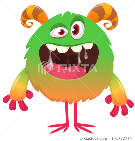 Cartoon cute and funny monster creature character design with scary horns and face expression waving hands . Vector illustration. For Halloween party decoration or package design Cartoon cute and funny monster creature character design with scary horns and face expression waving hands . Vector illustration. For Halloween party decoration or package design 141762774