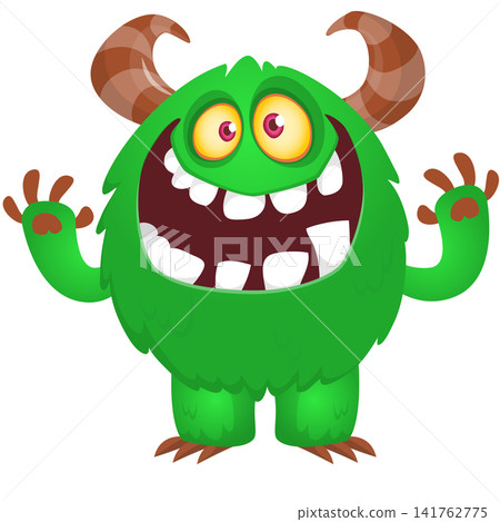 Cartoon cute and funny monster creature character design with scary horns and face expression waving hands . Vector illustration. For Halloween party decoration or package design Cartoon cute and funny monster creature character design with scary horns and face expression waving hands . Vector illustration. For Halloween party decoration or package design 141762775