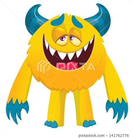Cartoon cute and funny monster creature character design with scary horns and face expression waving hands . Vector illustration. For Halloween party decoration or package design Cartoon cute and funny monster creature character design with scary horns and face expression waving hands . Vector illustration. For Halloween party decoration or package design 141762776