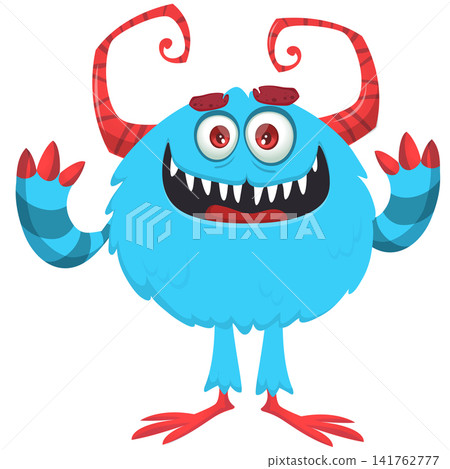 Cartoon cute and funny monster creature character design with scary horns and face expression waving hands . Vector illustration. For Halloween party decoration or package design Cartoon cute and funny monster creature character design with scary horns and face expression waving hands . Vector illustration. For Halloween party decoration or package design 141762777