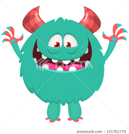 Cartoon cute and funny monster creature character design with scary horns and face expression waving hands . Vector illustration. For Halloween party decoration or package design Cartoon cute and funny monster creature character design with scary horns and face expression waving hands . Vector illustration. For Halloween party decoration or package design 141762778