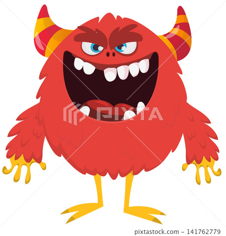 Cartoon cute and funny monster creature character design with scary horns and face expression waving hands . Vector illustration. For Halloween party decoration or package design Cartoon cute and funny monster creature character design with scary horns and face expression waving hands . Vector illustration. For Halloween party decoration or package design 141762779