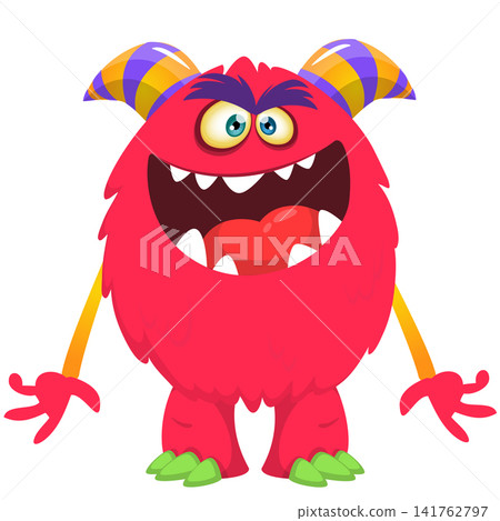 Cartoon cute and funny monster creature character design with scary horns and face expression waving hands . Vector illustration. For Halloween party decoration or package design Cartoon cute and funny monster creature character design with scary horns and face expression waving hands . Vector illustration. For Halloween party decoration or package design 141762797
