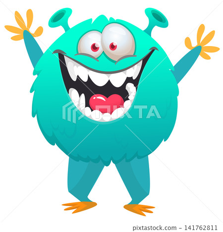 Cartoon cute and funny monster creature character design with scary horns and face expression waving hands . Vector illustration. For Halloween party decoration or package design 141762811