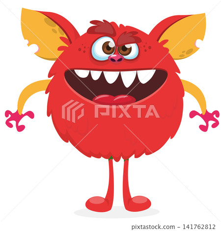 Cartoon cute and funny monster creature character design with scary horns and face expression waving hands . Vector illustration. For Halloween party decoration or package design 141762812