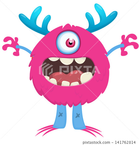 Cartoon cute and funny monster creature character design with scary horns and face expression waving hands . Vector illustration. For Halloween party decoration or package design Cartoon cute and funny monster creature character design with scary horns and face expression waving hands . Vector illustration. For Halloween party decoration or package design 141762814