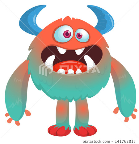 Cartoon cute and funny monster creature character design with scary horns and face expression waving hands . Vector illustration. For Halloween party decoration or package design Cartoon cute and funny monster creature character design with scary horns and face expression waving hands . Vector illustration. For Halloween party decoration or package design 141762815