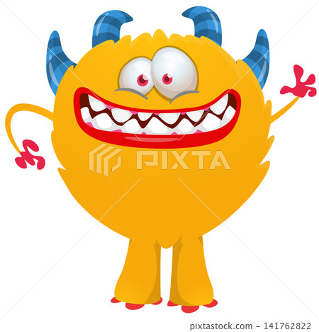 Cartoon cute and funny monster creature character design with scary horns and face expression waving hands . Vector illustration. For Halloween party decoration or package design Cartoon cute and funny monster creature character design with scary horns and face expression waving hands . Vector illustration. For Halloween party decoration or package design 141762822