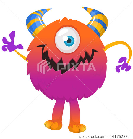 Cartoon cute and funny monster creature character design with scary horns and face expression waving hands . Vector illustration. For Halloween party decoration or package design Cartoon cute and funny monster creature character design with scary horns and face expression waving hands . Vector illustration. For Halloween party decoration or package design 141762823