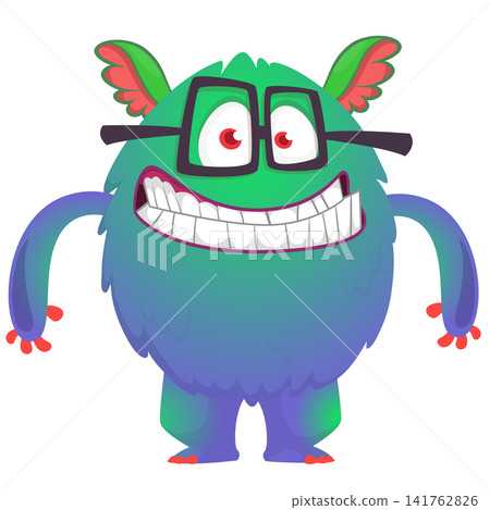 Cartoon cute and funny monster creature character design with scary horns and face expression waving hands . Vector illustration. For Halloween party decoration or package design Cartoon cute and funny monster creature character design with scary horns and face expression waving hands . Vector illustration. For Halloween party decoration or package design 141762826